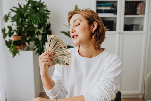 Woman holding US dollars in a relaxed indoor setting, reflecting satisfaction and success.