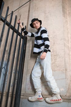 Young man in striped shirt and hat leaning on railing outdoors.