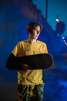 Young skater embraces vibrant street style in urban setting