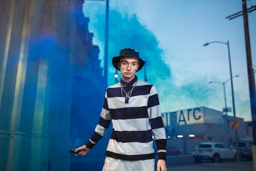Trendy Gen Z individual with a smoke bomb, showcasing urban street style.