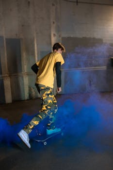 A skater rides through vibrant blue smoke in an industrial setting, showcasing dynamic street style.