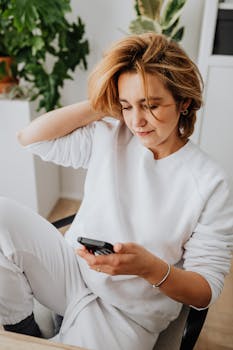 A relaxed woman in white attire using a smartphone indoors surrounded by plants.