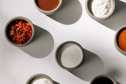 Top View of Bowls with Different Sauces 