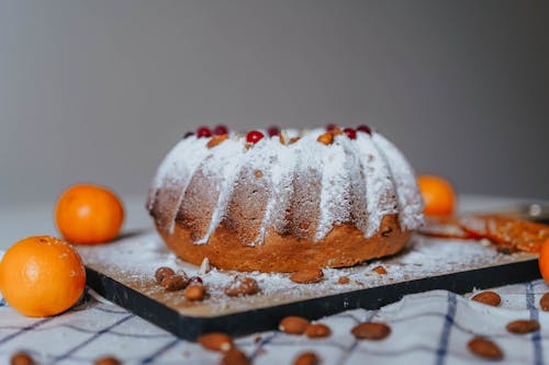 Close-Up Shot of a Cake on a Wooden Tray