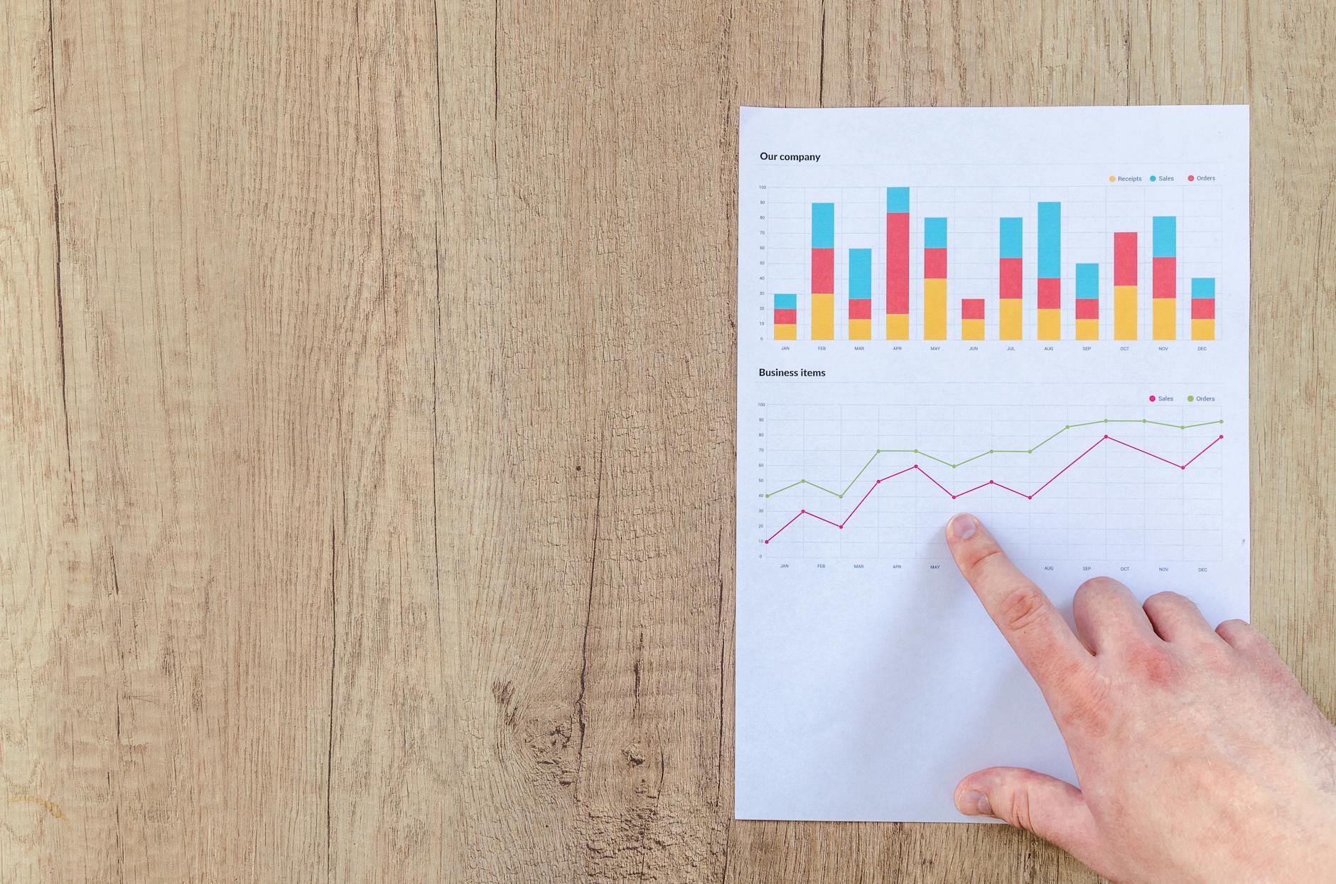 People Pointing Paper Line Graph