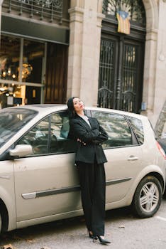 Fashionable woman in black outfit leaning on a car in a city street. Urban elegance and style in daylight.