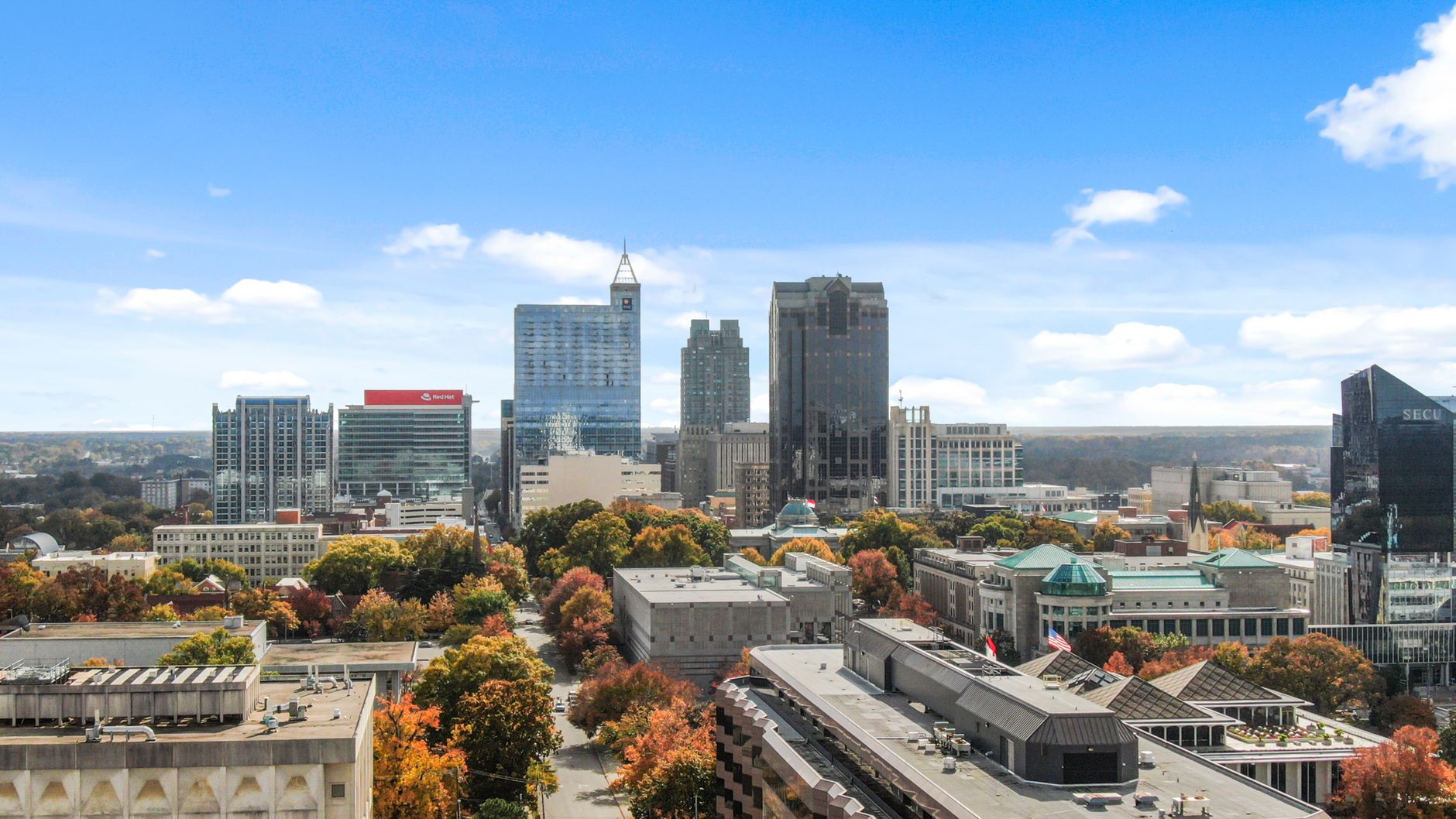 Stunning aerial view of Raleigh, NC, showcasing downtown high-rises and urban greenery in the fall.