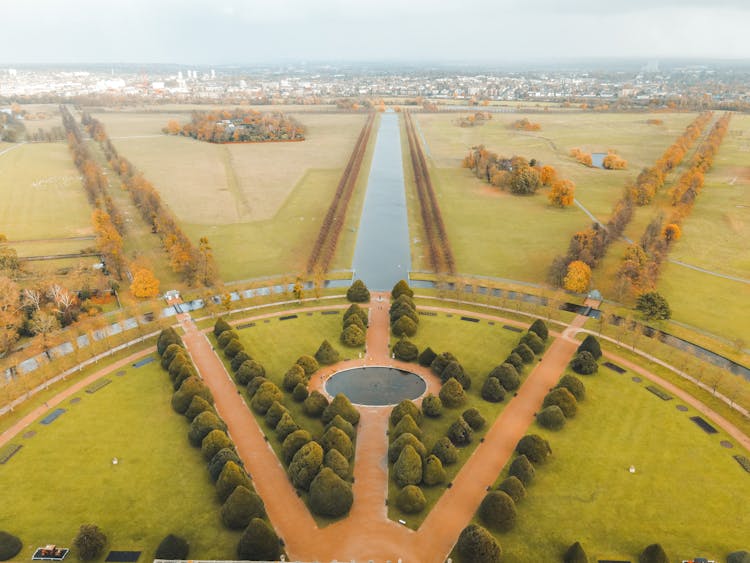 Landscape Of Territory Of Aged Royal Palace On Cloudy Autumn Day