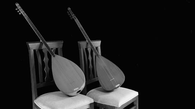 A monochrome photo of two traditional Turkish string instruments on chairs, emphasizing cultural heritage.