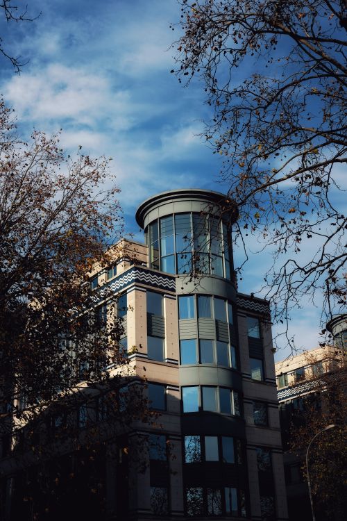 Free Contemporary building in Brussels, Belgium set against a clear blue sky with winter foliage. Stock Photo