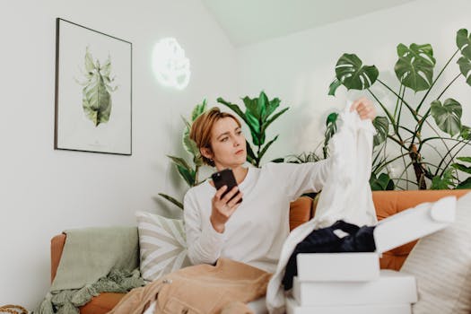 Adult woman using smartphone to shop online, surrounded by plants in cozy indoor setting.