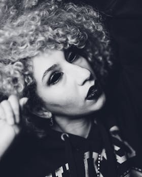 Dramatic grayscale portrait of a woman with curly hair and dark makeup, captured in a moody studio setting.