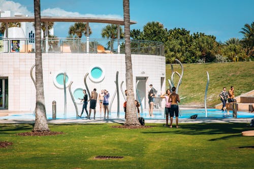 People Standing on Green Grass Near Swimming Pool