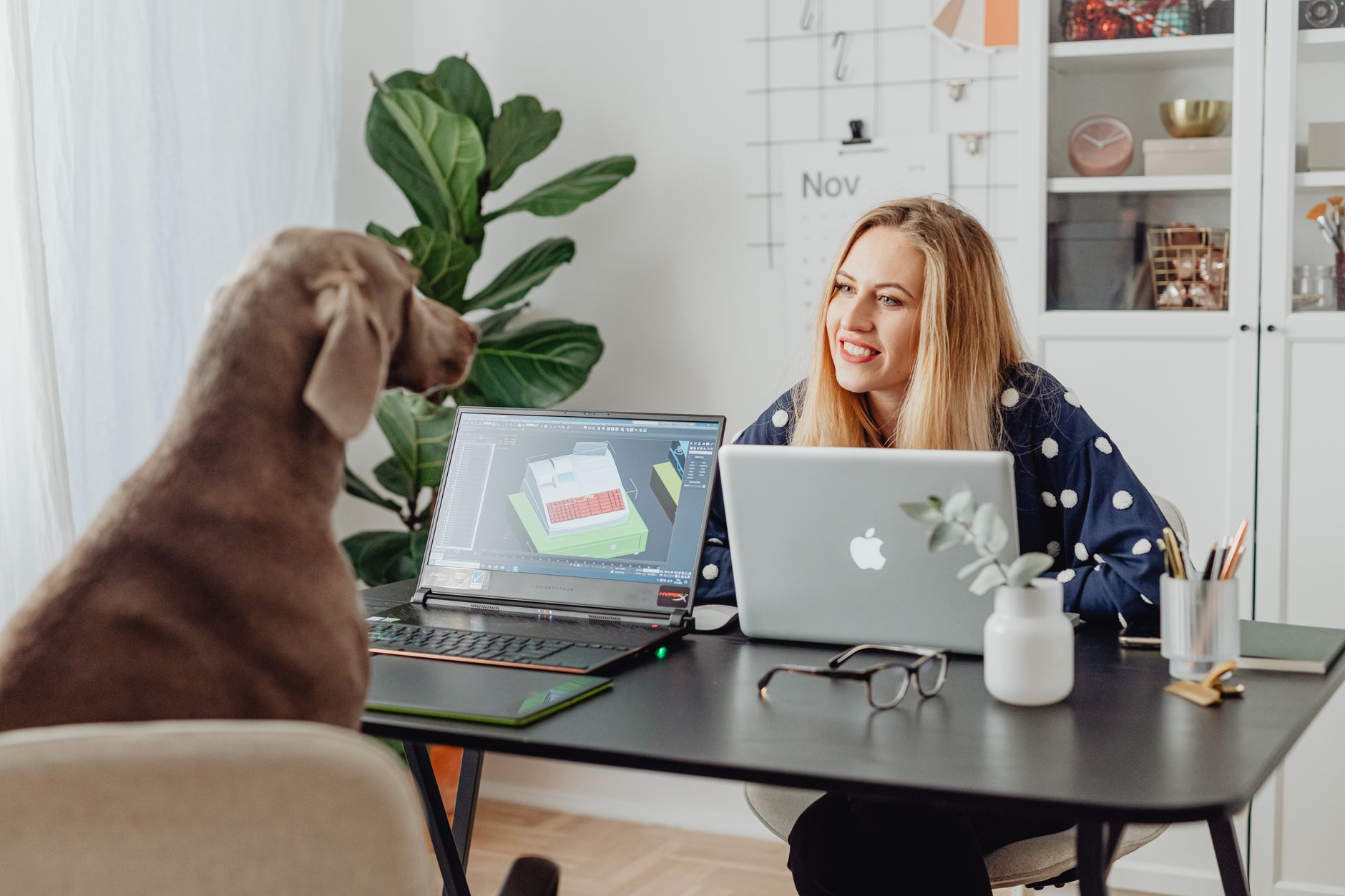 A woman smiles at her dog while working on laptops at a home office desk