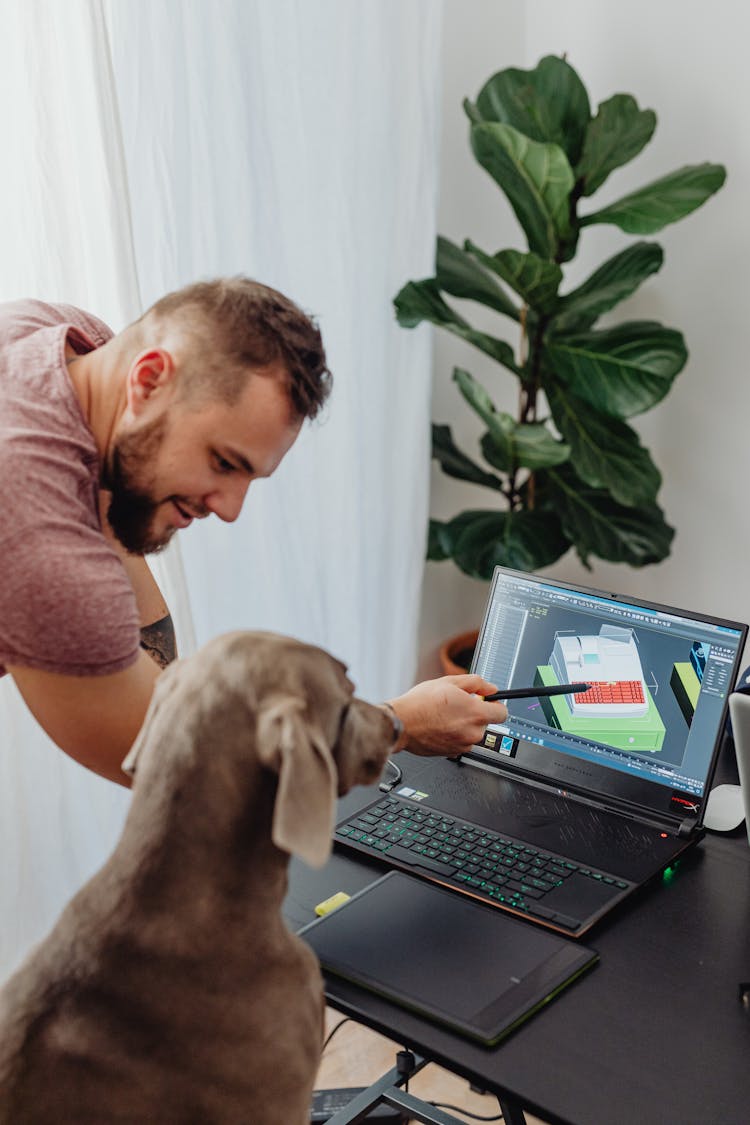 Shot Of A Man Giving Instruction On Computer Screen To A Dog