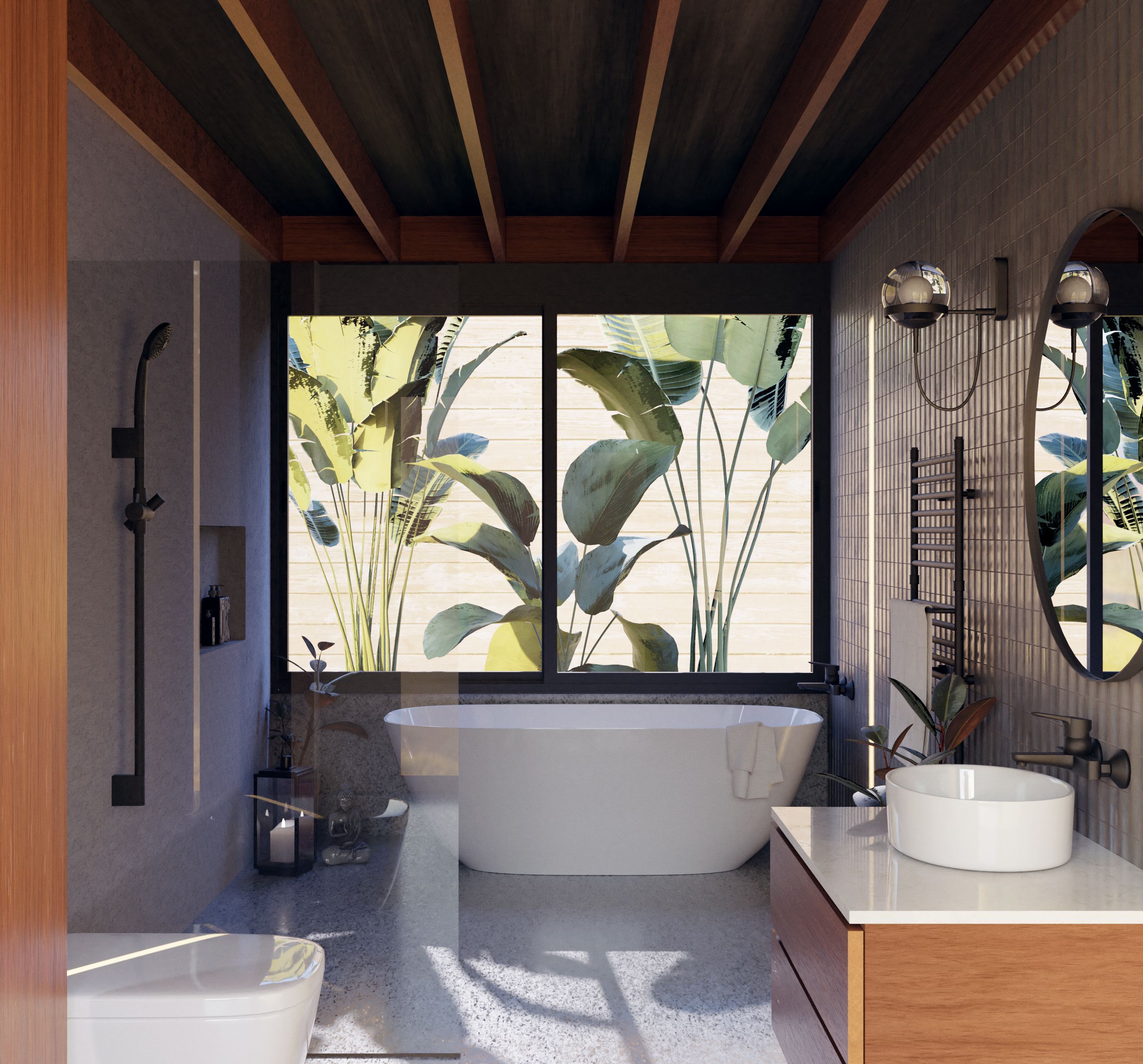 Modern bathroom with natural light, featuring tub and greenery for a serene ambiance.