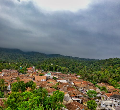 Picturesque drone view of small settlement with typical red roofed houses surrounded by lush green vegetation under overcast sky