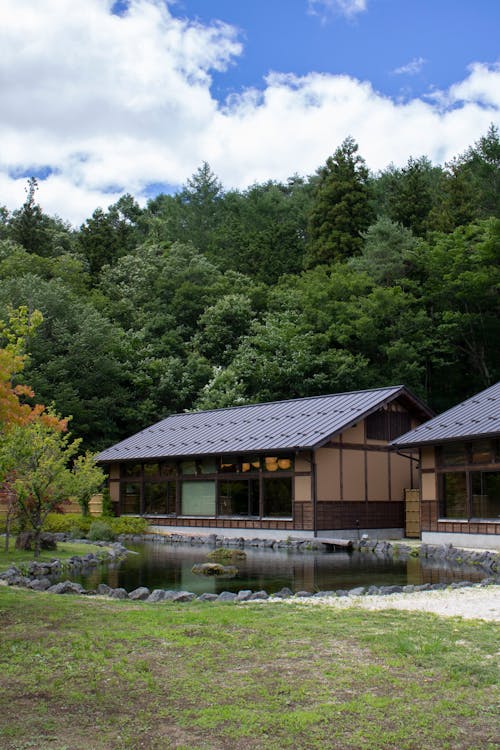 Brown and Gray Wooden House Near Green Trees and Pond
