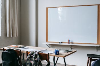 School bench with stationery in classroom