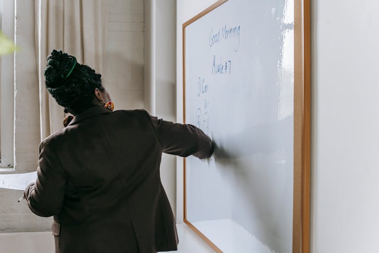 Black Faceless Teacher Writing On Whiteboard In Classroom