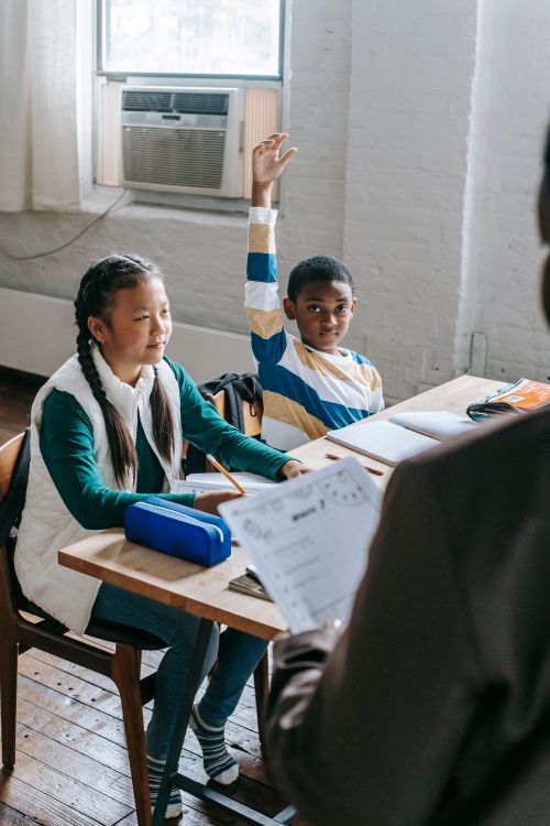 Free Positive African American schoolboy sitting at desk with Asian classmate and raising hand while looking at teacher Stock Photo