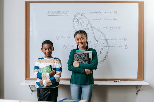 Smart little multiracial schoolchildren doing presentation during biology class