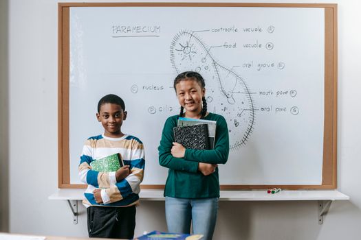 Smart little multiracial schoolchildren doing presentation during biology class