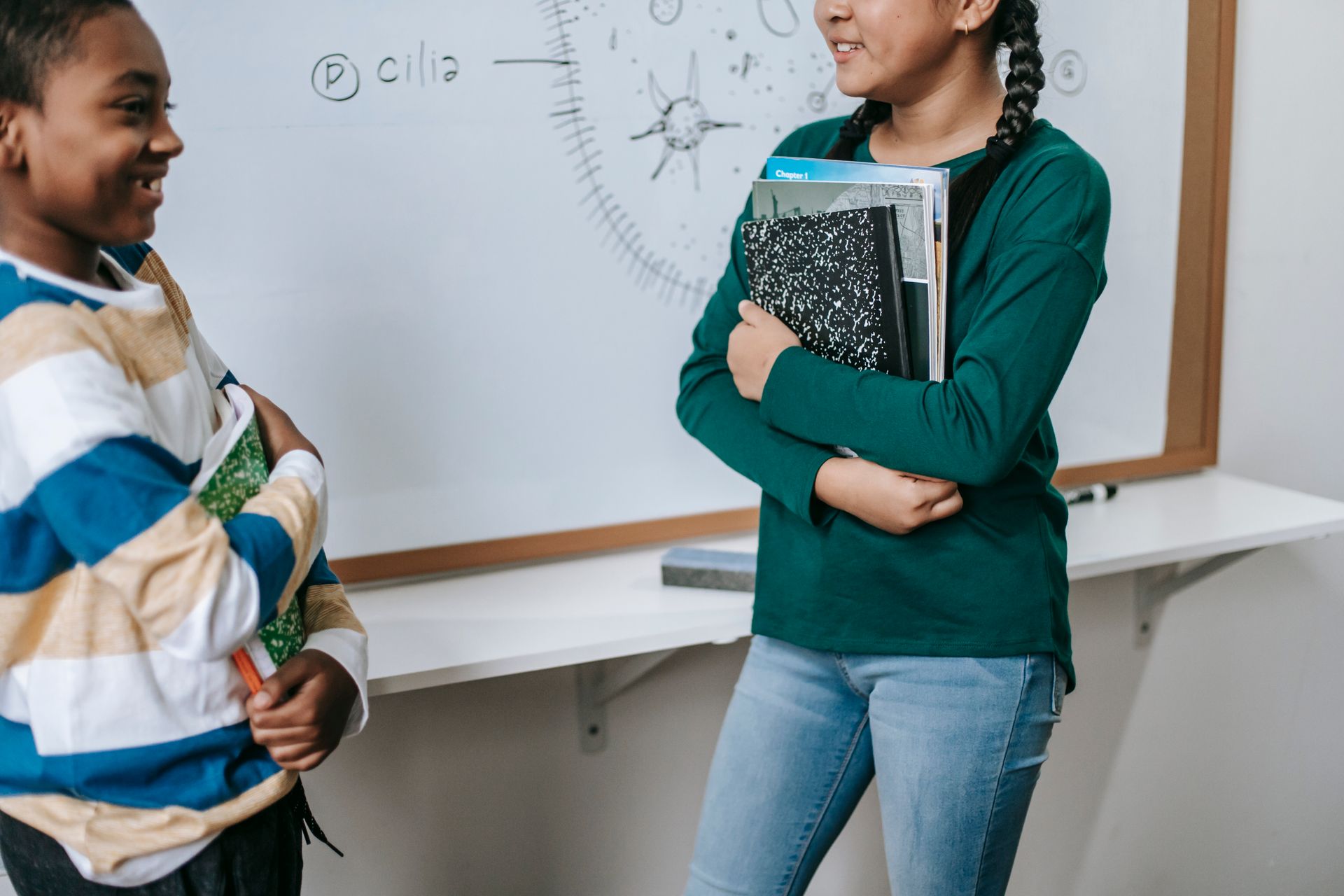 Crop multiethnic schoolchildren in casual clothes with books in hands doing presentation during class standing near whiteboard