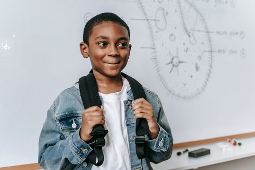 Cheerful black boy near whiteboard with scheme
