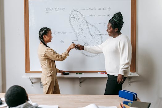 A teacher and student smiling and engaging in a classroom while discussing a paramecium diagram on the whiteboard.