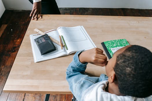 Child focuses on schoolwork at a desk, showcasing educational engagement.