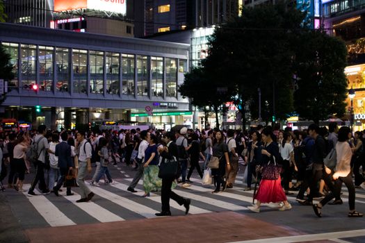 夜间，行人在东京涩谷十字路口穿行，展现着城市的活力