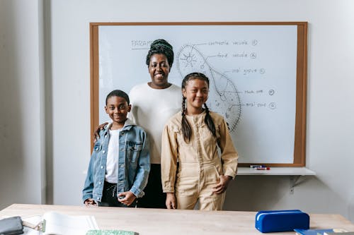 Cheerful teacher with students in classroom