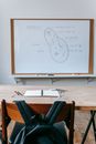 Whiteboard with scheme behind wooden table with various school supplies and chair with backpack