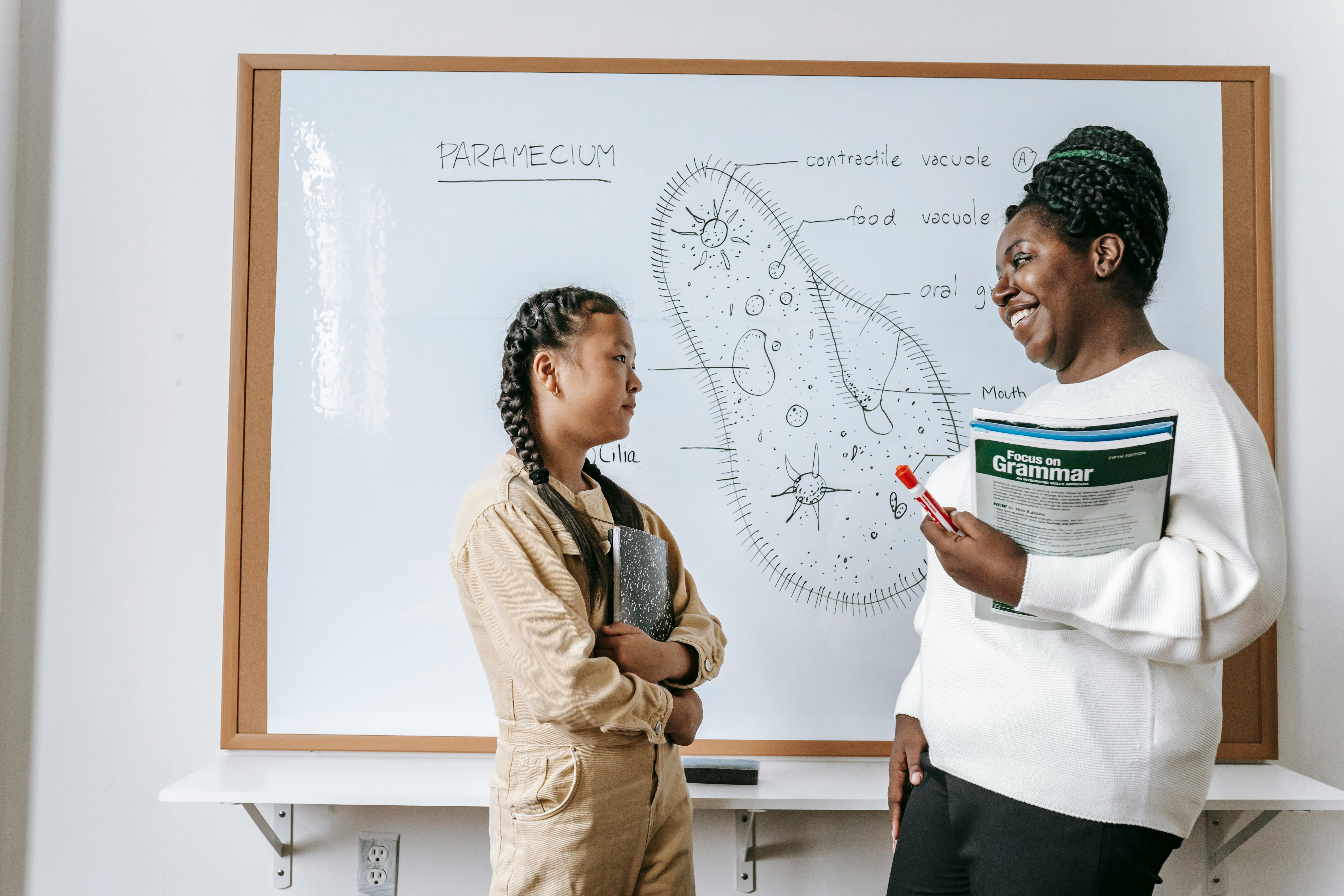 Side view of smiling african american female teacher holding textbooks while communicating with asian teenage girl after lesson