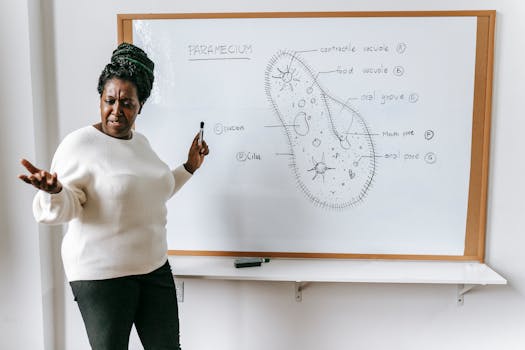 A biology teacher engaged in a classroom lecture, explaining a paramecium diagram on a whiteboard.