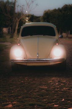 Classic Volkswagen Beetle with headlights on, parked on a rustic road at dusk.