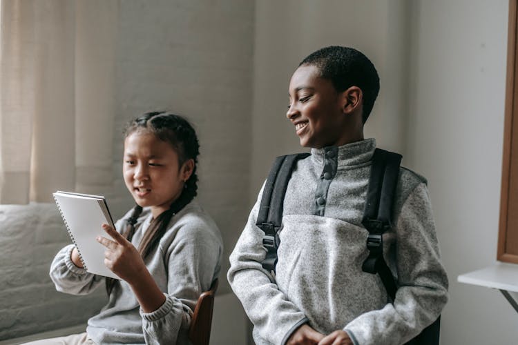 Diverse Classmates With Copybook In Classroom