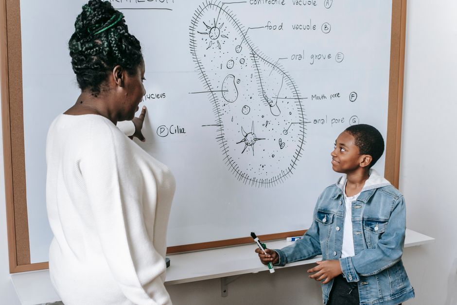 A teacher and student engage in a biology lesson with a cell diagram on the whiteboard.