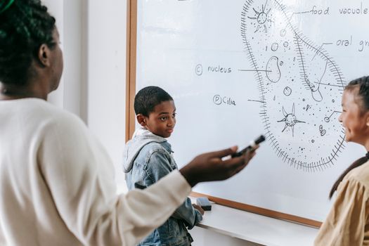 Black teacher with smart kids in classroom