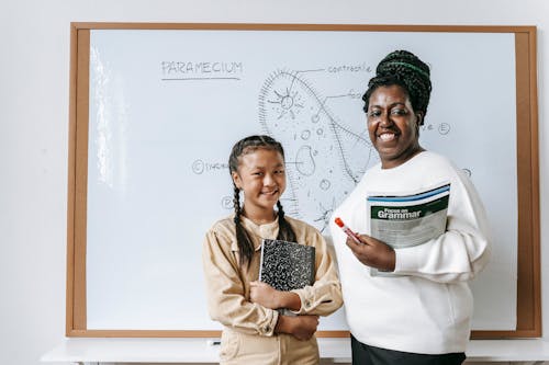 Free Cheerful African American female teacher near charming Asian schoolgirl with exercise book looking at camera near white board in classroom Stock Photo