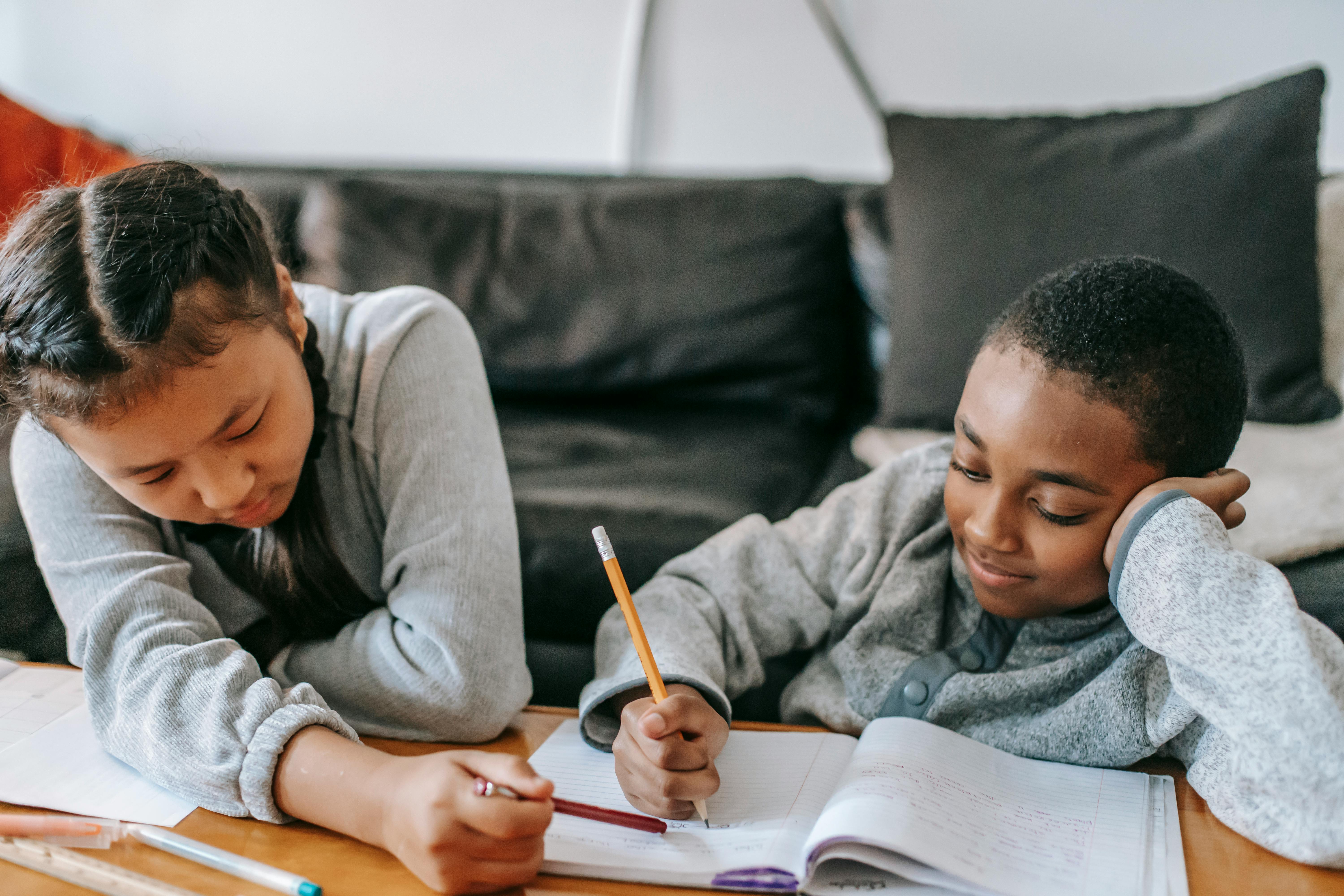 multiethnic schoolchildren with workbooks interacting while studying at home