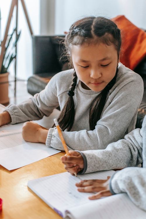 Crop Hispanic Schoolgirl Writing In Copybook Near Unrecognizable Friend Crop hispanic schoolgirl writing in copybook near unrecognizable friend