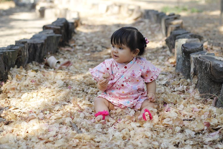 Little Girl Playing In Autumn Leaves