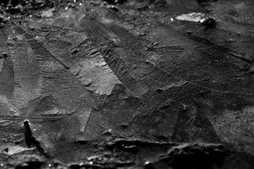 From above black and white closeup of textured background representing geologic rock with uneven surface