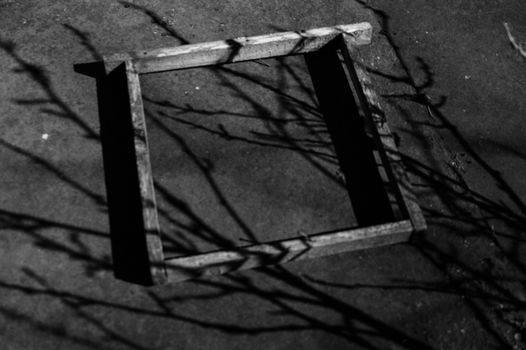 From above black and white of aged square shaped frame on walkway with tree twigs shade