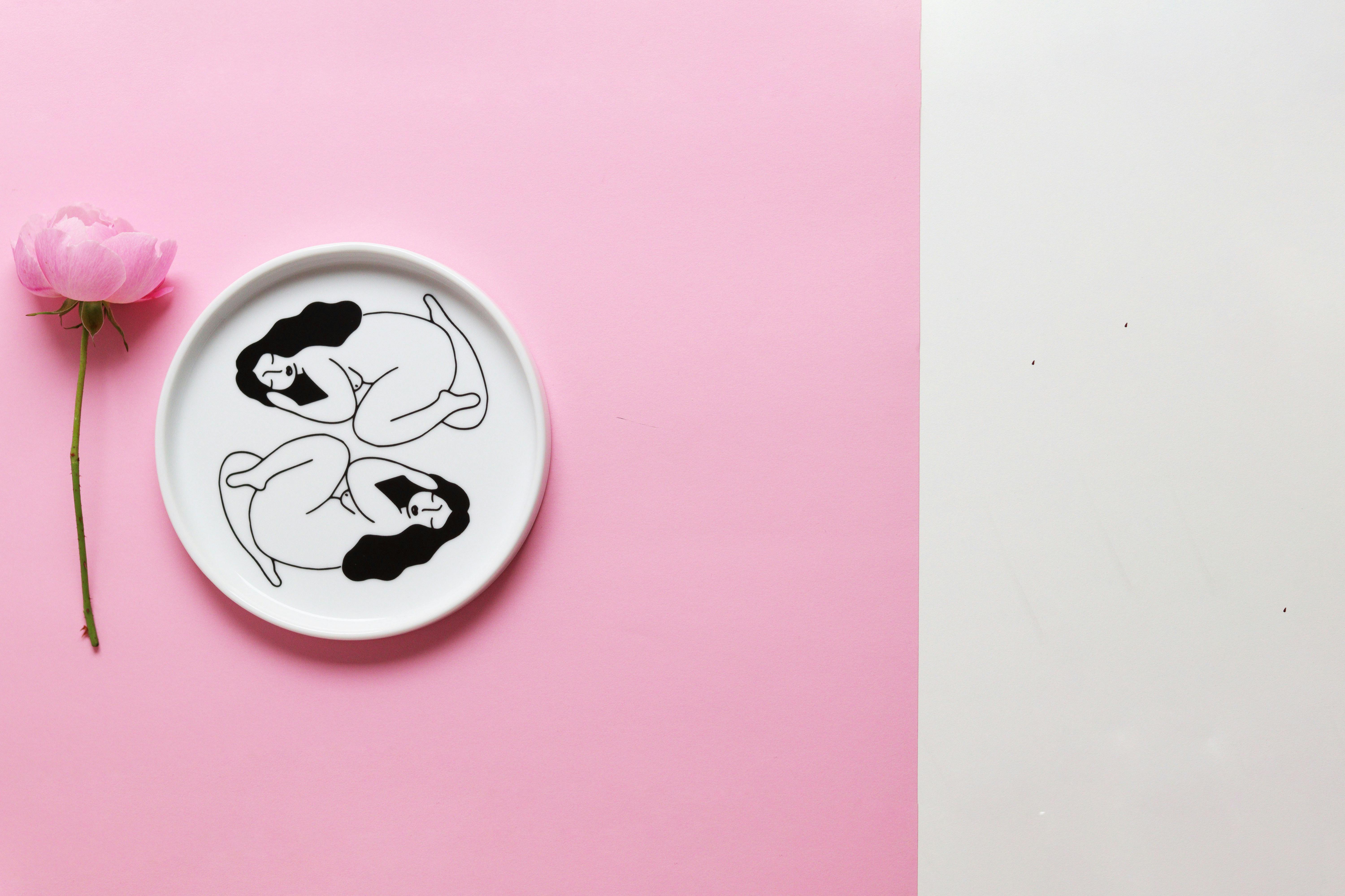A minimalist art piece depicting feminine forms on a plate with a pink rose on a pastel backdrop.