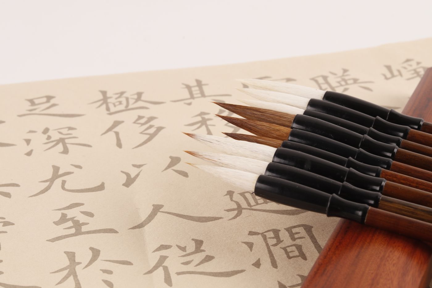 Close-up of Chinese calligraphy brushes arranged on paper with handwritten characters.