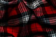 Detailed close-up of a vibrant red and black plaid fabric highlighting texture and pattern.