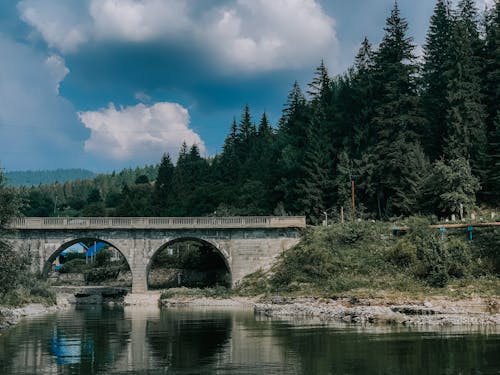 Picturesque scenery of big stone arched bridge over calm rippling river between lush coniferous trees on clear summer day